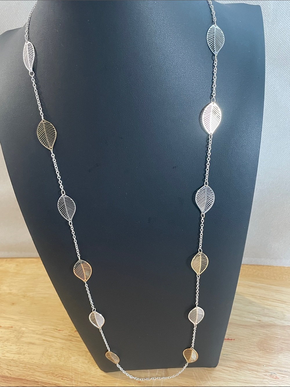 LC Laura Conrad Delicate Silver And Gold Leaf Station Long Necklace 16” Drop